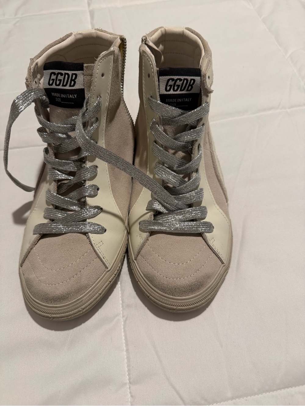 Beige Suede & Cream High-Top Sneakers with Silver Laces